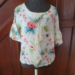 Floral Viola Borghi Womens Linen Top With Half Sleeves & Tropical Print - Made I